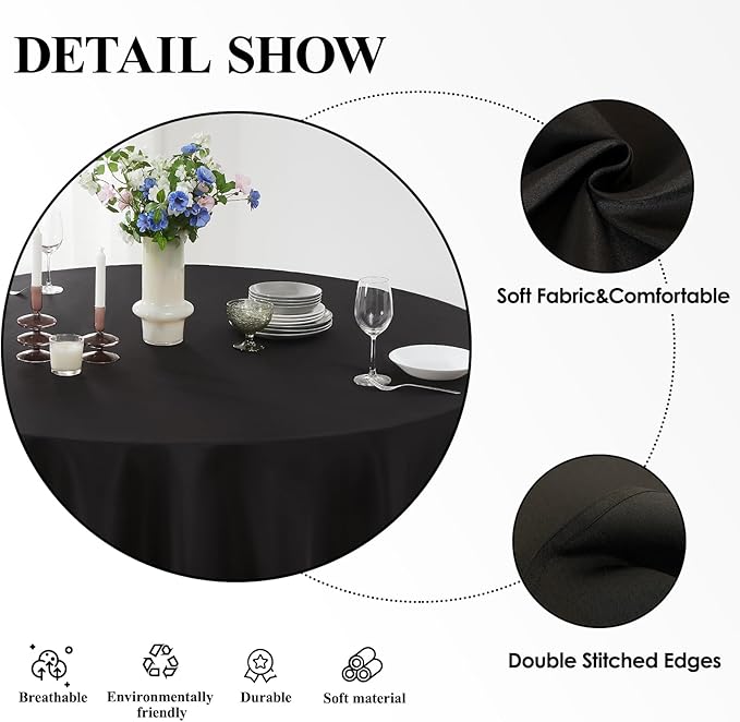 Round Tablecloth 8 Pack 108 Inch Black Tablecloths Washable Decorative Linen Polyester Table Clothes Cover for Dining Table Banquets Buffet Parties and Wedding