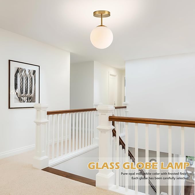 Gold Globe Semi Flush Mount Ceiling Light,Mid Century Modern Light Fixture Ceiling,Globe Ceiling Light for Hallway Living Room Kitchen Bedroom Storage Schoolhouse Laundry(Bulb Incl.)
