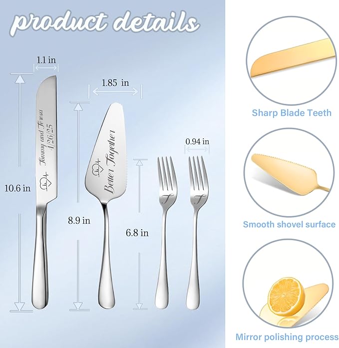 Personalized Wedding Cake Knife and Server Set, Custom Names Cake Cutting Set with Stainless Steel Forks, Customized Bridal Anniversary Birthday Wedding Registry Gifts (Silver)