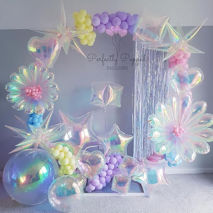 3pcs 26inch 3D iridescent Laser transparency(colorful) Explosion Star foil balloon, iridescent transparency Foil Cone Star burst Balloons for Birthday Wedding New Year Party Event