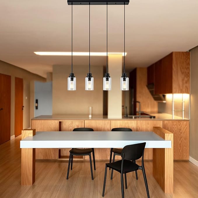 4-Lights Pendant Lighting for Kitchen Island in Black, Ceiling Light Fixtures with Adjustable Hanging Wire & Clear Glass Shades