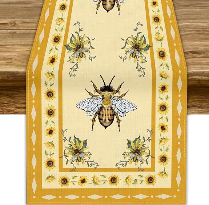 Honey Bee Table Runner, Farmhouse Yellow Sunflower Retro Summer Linen Tables Runners for Kitchen Dining Table Home Party Decor, 13x60inch