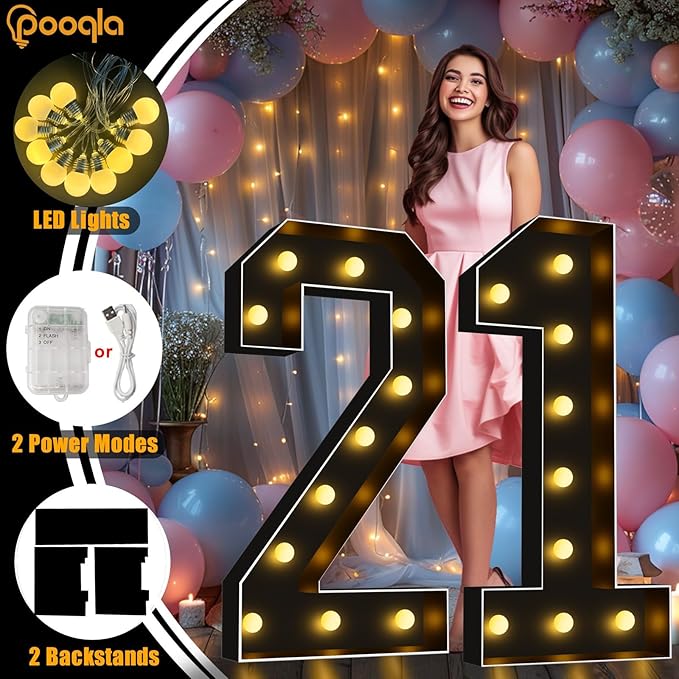 Pooqla 4 FT Light Up Marquee Numbers, Black Big Mosaic Numbers 4 Feet Tall for 2nd 12th 21st Birthday, Giant Marquee Number Lights for Balloons Party Anniversary Wedding Decorations, Warm White 2