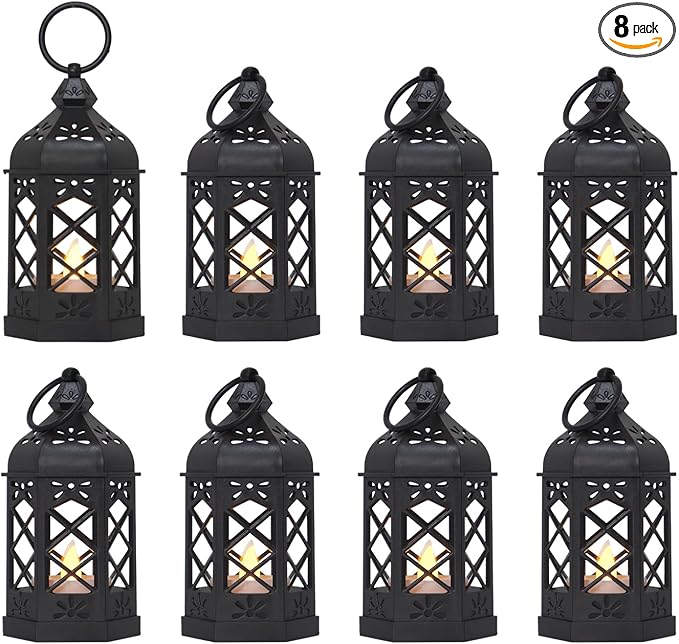 LLQ (8Pack-5Inch) Mini Lantern with Flickering LED Candle for Table Centerpiece, Black Halloween Decorations, Small Hanging Decorative Lantern for Wedding Christmas, Fall Garden Party Decor for Home