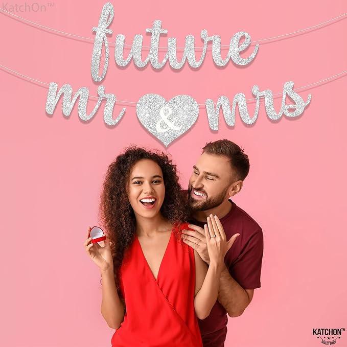KatchOn, Silver Glitter Future Mr & Mrs Banner - 10 Feet, Pre-Strung, No DIY | Future Mr and Mrs Banner | Engagement Party Decorations | Bachelorette Party Decorations, Bridal Shower Decorations