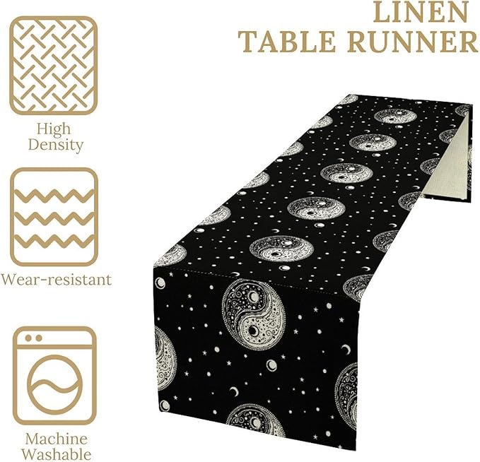 Mystical Celestial Table Runner, Vintage Bohemian Black Yin Yang Symbol Moon Stars Print Table Runner for Office Kitchen Dining Wedding Party Home Coffee Table, 13x120inch
