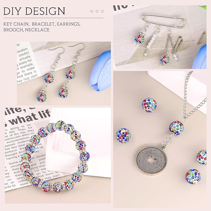 100pcs 10mm Rhinestone Beads for Jewelry Making, White Mixed Shiny Round Shamballa Disco Beads Bulk, Sparkle Crystal Clay Christmas for Bracelet Baseball Necklace Earring Crafting and DIY
