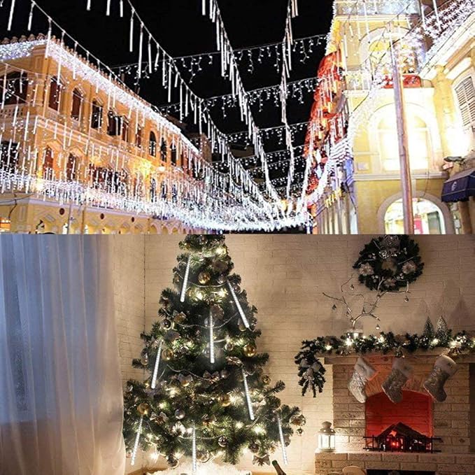Christmas Lights Outdoor UL Certified Meteor Shower Lights 12 Inch 8 Tubes 192 LED Falling Rain Drop Icicle Snow Cascading Light for Xmas Tree Wedding Party Garden Decoration, White