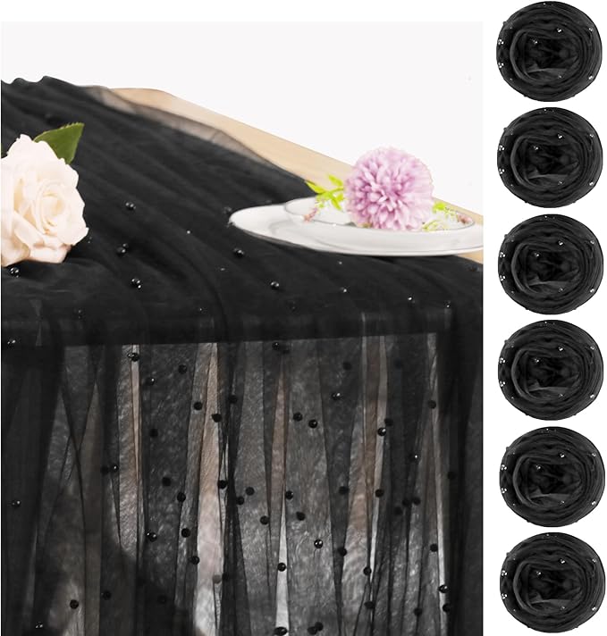 Set of 6 Pearl Table Runner 29 x 120 Inch Tulle Fabric Lace Table Runners Boho Rustic Tablecloth for Bridal Shower Birthday Party Wedding Arch Aisle Veil Dessert Table Decor(Black)