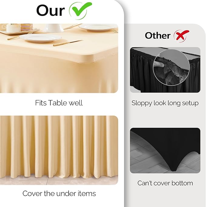 Wish Care 2 Pack Champagne Spandex Table Clothes for 6 Foot Rectangle Tables, 6FT Wrinkle Free Fitted Tablecloths Ruffles Design Table Cover for Party, Banquet, Wedding and Events