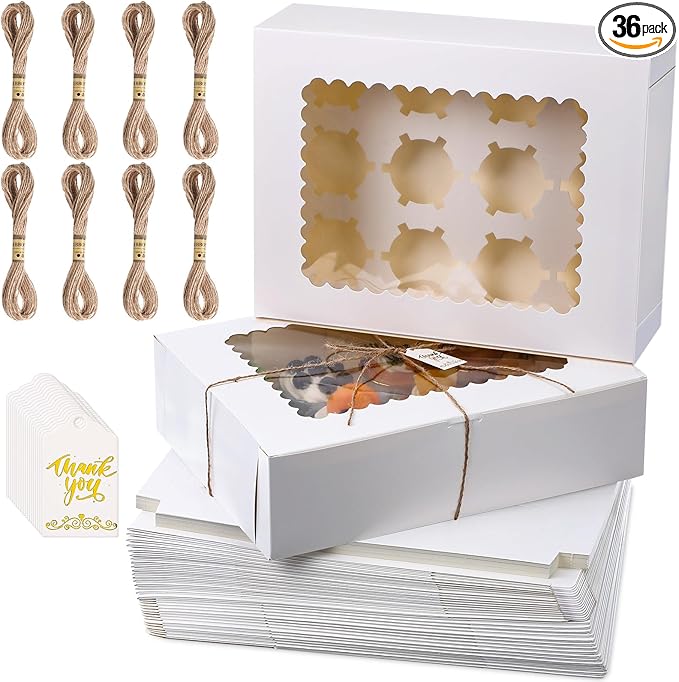 36 Pack Cupcake Boxes Hold 12 Standard Cupcakes Disposable Cupcake Containers with Window and Insert Cupcake Carrier with Thanks Card and Jute Rope to Muffins Cupcakes Cookies Gift Wrapping