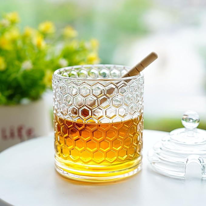 kanpura Clear Crystal Honey Pot with Dipper and Lid Glass Honey Jar with Dispenser Honey Holder and Syrup Container for Home Kitchen,9 oz