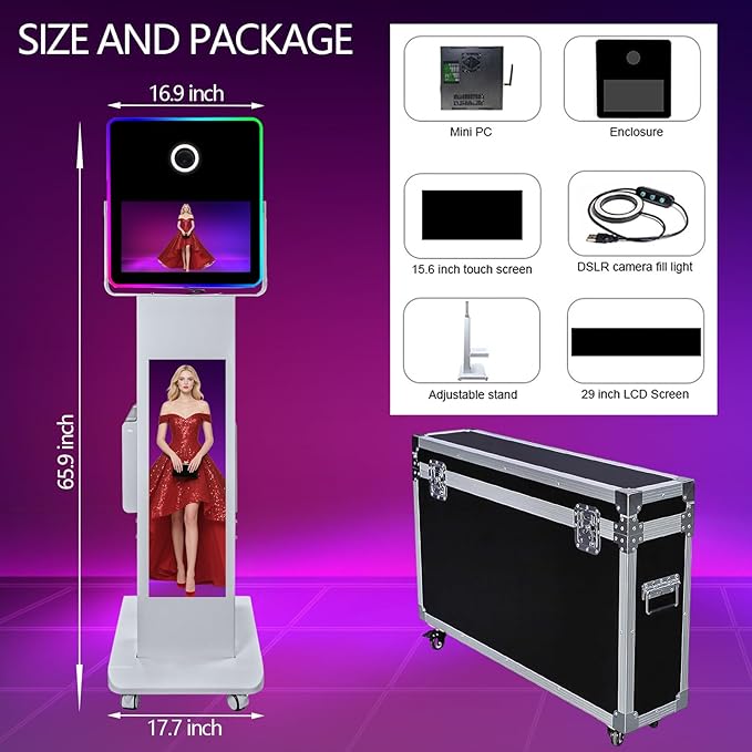 Portable Photo Booth with 15.6''and 29''LCD Touch Screen Selfie Photobooth Machine for Events Wedding Party Rental Christmas Flight Case (Machine+Mini Printer)