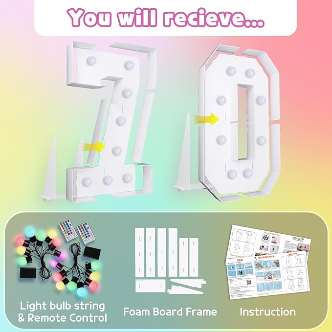 Marquee Numbers 70th-Birthday Decoration: Colorful 3FT Large Light Up 70 Year Old Birthday Decorations Anniversary Backdrop for Boys Girls Cardboard Sign 18 Colors Number 70 Mosaic Balloon Frame