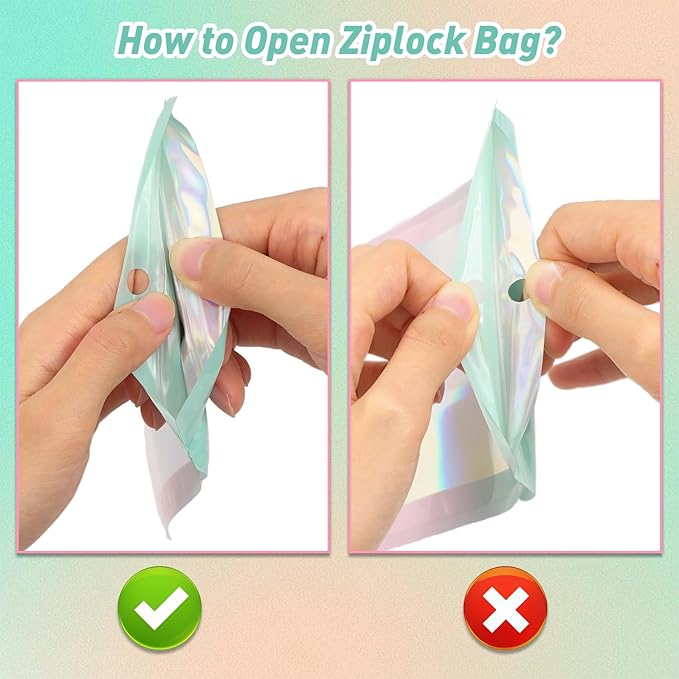 Funfery 100 Pack Gradient Holographic Bags,Mylar Resealable Bag with Zipper,Clear Window Packaging Pouch,Smell Proof Bags for Food Storage,Sample Jewelry Baggies(6.3x9.4In,Green Pink)