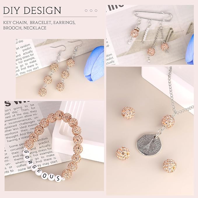 200pcs 10mm Light Peach Rhinestone Beads for Jewelry Making, Shiny Round Shamballa Disco Ball Beads, Sparkle Crystal Clay Christmas for Bracelet Baseball Necklace Earring Crafting and DIY