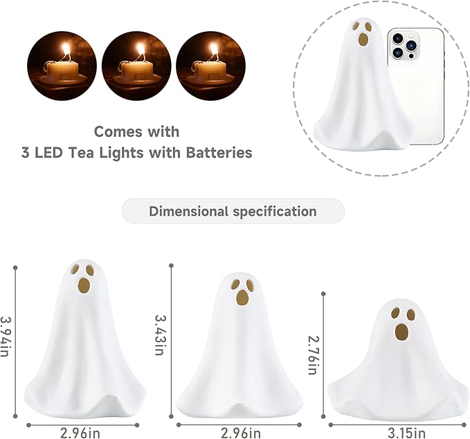 Ceramic Ghost Decor, 3Pcs Light Up Ghosts for Indoor Halloween Decorations, Battery Powered White Mini Ghost Figurines with LED for Spooky Halloween, Home Tabletop Shelf Centerpieces
