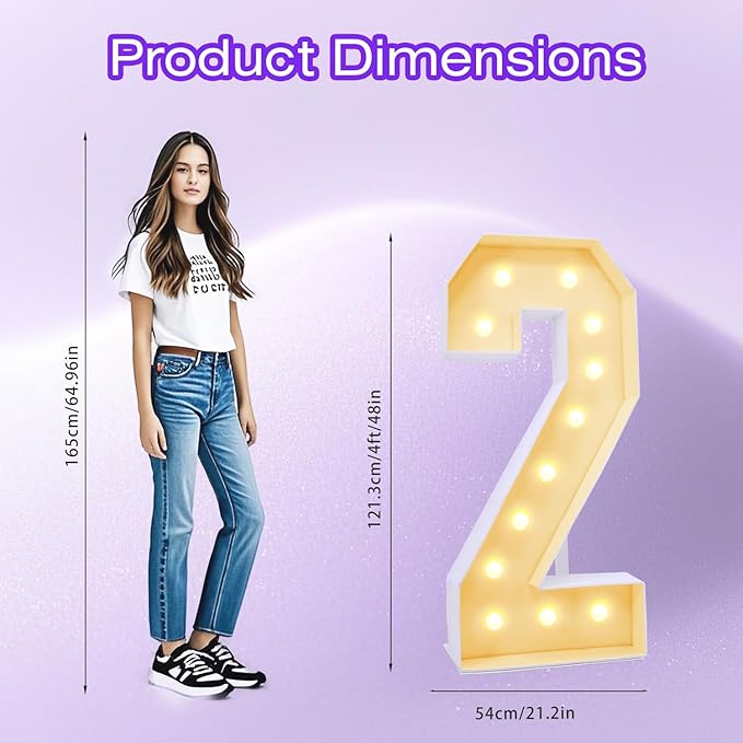 4FT Plastic Marquee Numbers 2 - Light up Numbers Are Made from Corrugated Plastic Board - Quick Assembly Without Tools, Disassembled Components Can Be Used for Photo Wall Decoration, Yard Sale Signs