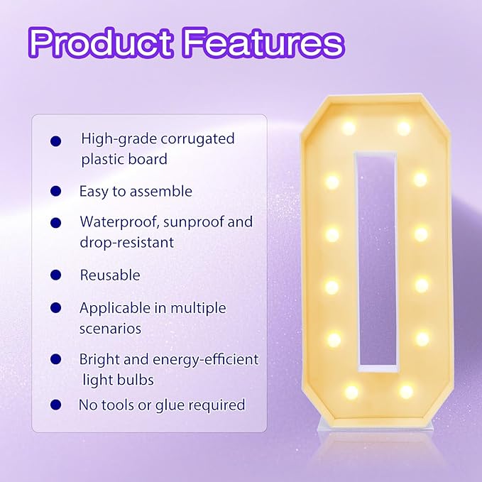 4FT Plastic Marquee Numbers 0 - Light up Numbers Are Made from Corrugated Plastic Board - Quick Assembly Without Tools, Disassembled Components Can Be Used for Photo Wall Decoration, Yard Sale Signs