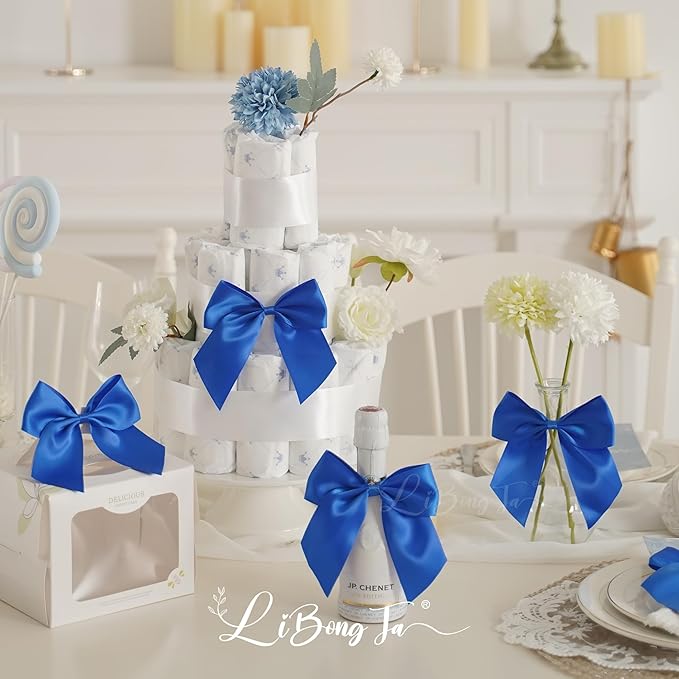 5'' Royal Blue Bow Party Decorations Satin Bows, Twist Tie Bows for Treat Bags, Cake Pops, Pre-tied Bow Premade Ribbon Bows for Crafts, Holiday Bows for Gift Wrapping, Wedding Decor-24 Counts