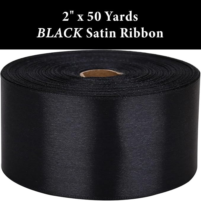 2" x 50 Yards Black Satin Ribbon Single Faced Fabric Ribbons for Gift Wrapping, Large Crafting Projects, Flower Bouquet, Wedding, Home Decor