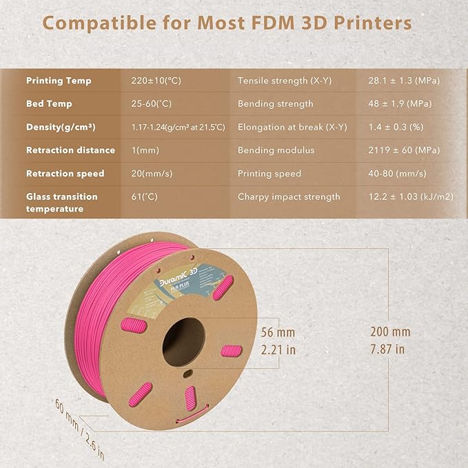 DURAMIC 3D PLA+ Filament 1.75mm 1Kg Magenta, PLA Plus Filament 1Kg Spool(2.2lbs) Tougher and Stronger, Dimensional Accuracy Probability +/- 0.02mm