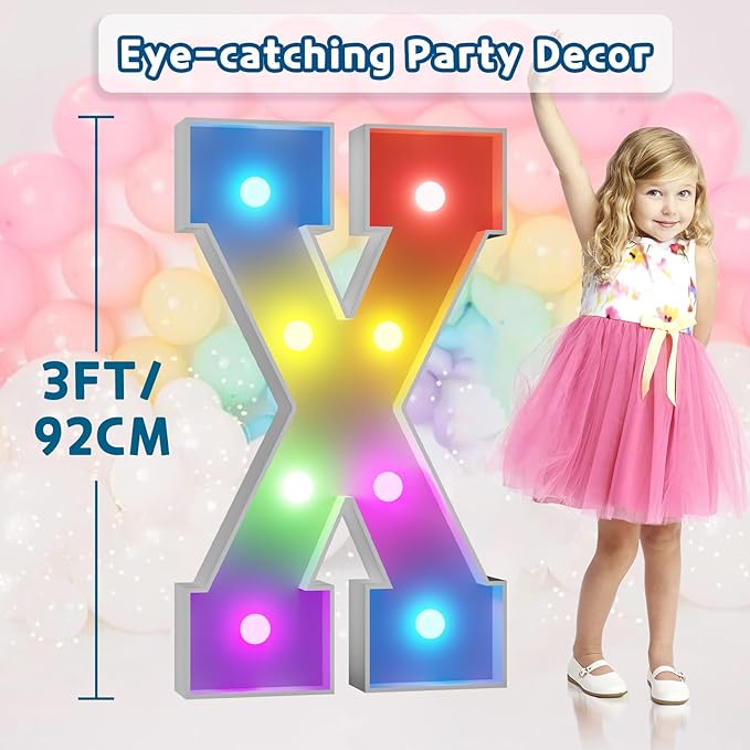 imprsv 3FT Colorful Marquee Light Up Letters X, 18 Colors Light Up Sign Alphabet Sign with Remote, One Letters First Birthday, Large Letters for Birthday Engagement Anniversary Wedding Party Decor