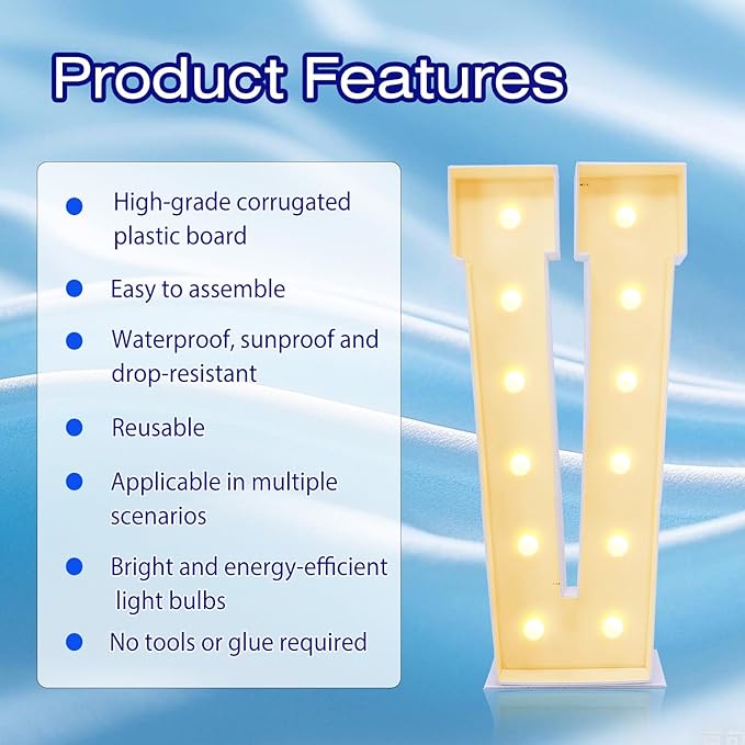 4FT Marquee Plastic Letters V - Light up Letters V Are Made from Corrugated Plastic Board - Quick Assembly Without Tools, Disassembled Components Can Be Used for Garage Sale Signs, Yard Sale Signs
