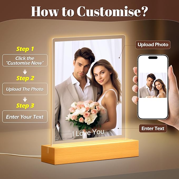 Custom Picture Frames with Photo, Personalized Photo Frame with Night Light, Customized Picture Frames, Personalized Anniversary Photo Gifts for Women, Men, Him, Her, Couple, Boyfriend, Girlfriend