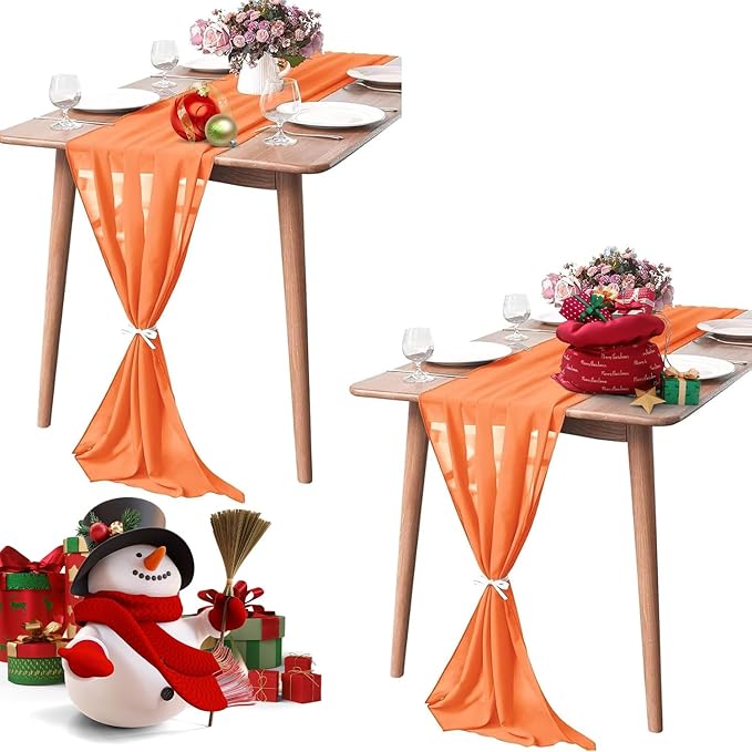 2 Pack 10Ft Chiffon Orange Table Runner Sheer 29x120 Inch for Romantic Wedding Decor Bridal & Baby Shower Birthday Rustic Party Decoration