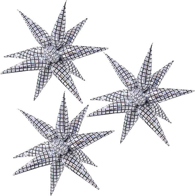 3pcs 32inch Iridescent disco explosion star foil balloons.Black white Foil Cone Star burst Balloons for disco Birthday Bachelorette Party decorations.