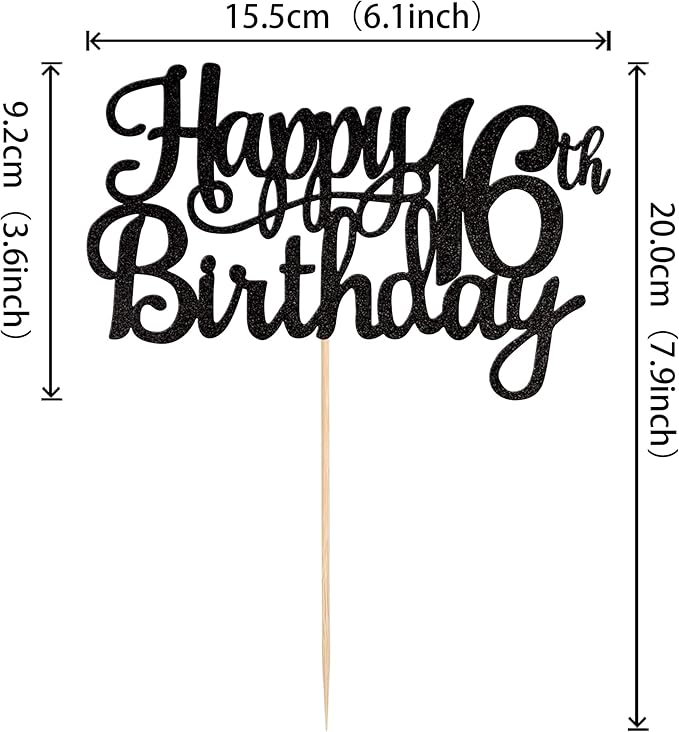 1 PCS Happy 16th Birthday Cake Topper Glitter Cheers to 16 Years Birthday Cake Pick Sweet 16 Fabulous Cake Decoration for Happy 16th Birthday Theme Party Decorations Supplies Black