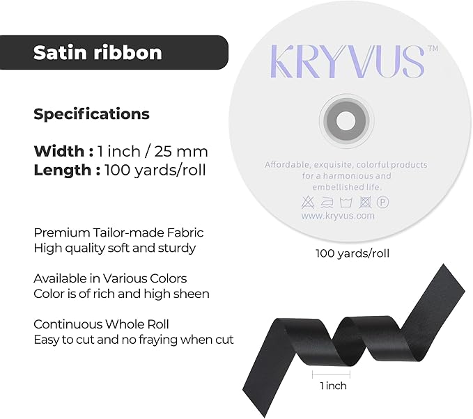 Black Satin Ribbon 1 inch X Continuous 100 Yards, Single Face Polyester Ribbon Perfect for Gift Wrapping, Flower Bouquet, Wedding Decor, Crafts, Bow Making, Sewing and More