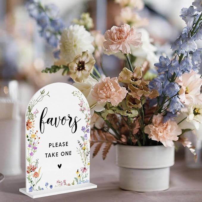 Acrylic Wedding Signs, Favors Please Take One Signs for Marriage Reception, Bridal Shower Decorations, Modern Arched Round Top Acrylic Table Top Sign with Holder for Wedding Party (White Wildflowers)