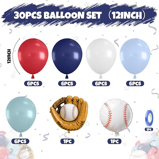Baseball Balloons, 12 Inch Navy Blue Red White Light Dusty Blue Balloons with Baseball Gloves Ball Foil Balloon for Boys Baseball Themed Birthday Baby Shower Sport Theme Party Decorations