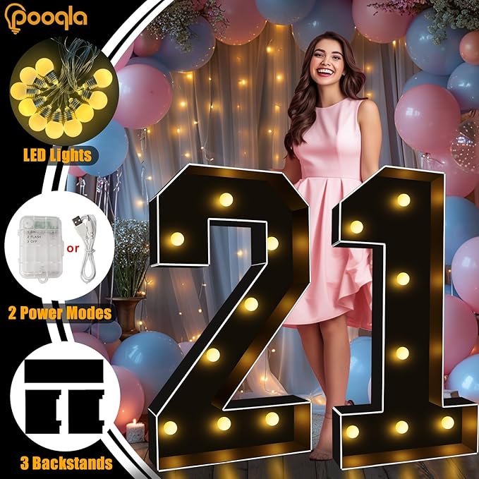 Pooqla 3 FT Light Up Marquee Numbers, Black Marquee Number Lights 3 Feet Tall for 9th 19th 90th Birthday, Giant Letter Big Mosaic Numbers for Balloons Party Anniversary Wedding Decorations, Black 9