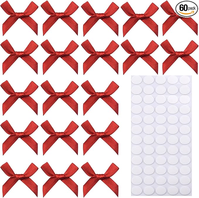 60pcs 1.7" Mini Red Ribbon Bows Decor – Small DIY Satin Bows for Crafts, Little Bows for Gift Wrapping, Tiny Bow Stickers for Note Card Bow Baby Shower Cake and Candle Decorations