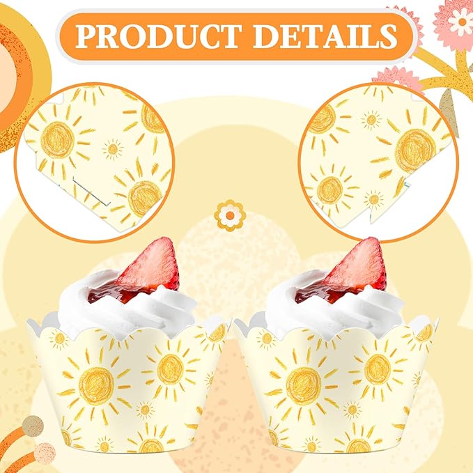 Domensi 100 Pcs Bohemian Sun Cupcake Wrappers Rustic Yellow Sunshine Cupcake Liners Baking Cups Baking Liners for Summer Picnic Wedding Bridal Baby Shower Birthday Party Supplies Dessert Decoration