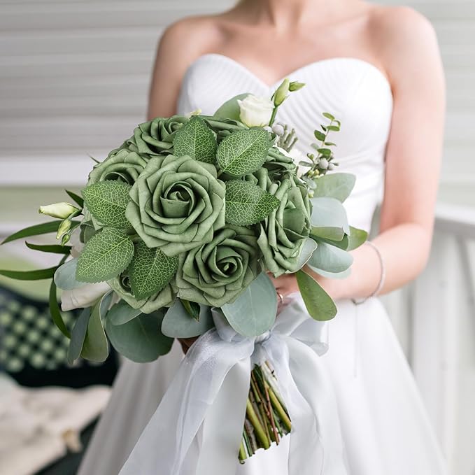 AmyHomie Artificial Flowers Green Rose 25pcs Real Looking Fake Roses w/Stem for DIY Wedding Bouquets Centerpieces Arrangements Party Baby Shower Home Decorations