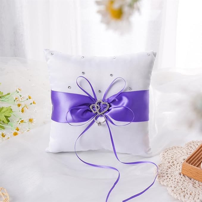 QIRMIZI Wedding Ring Pillow and Flower Girl Basket Set – Adorned with Pearl Rhinestones, White Satin,Purple