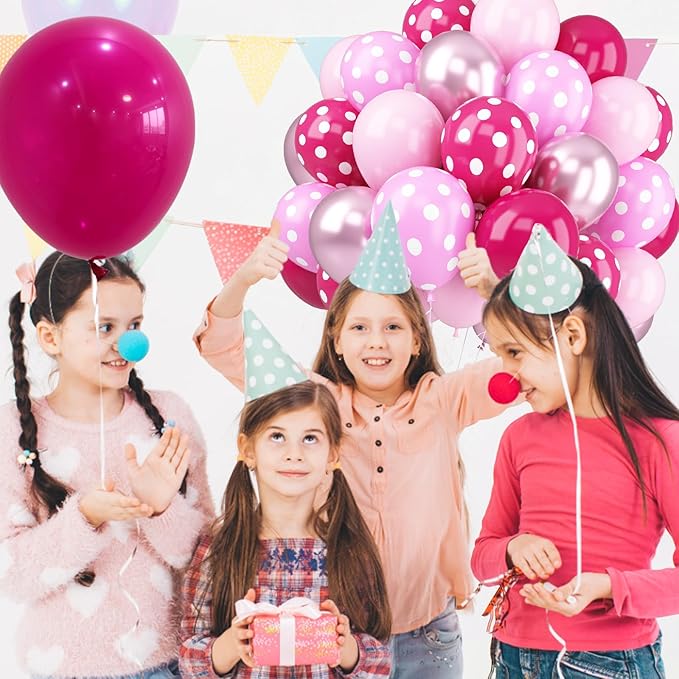 Pink Balloons, 52 PCS Metallic Pink Balloon with Hot Pink and White Dots Confetti Birthday Balloons for Girls Princess, Baby Shower Women Bride Wedding Party Decorations