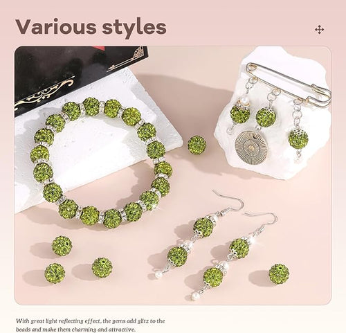 160pcs 10mm Rhinestone Beads for Jewelry Making, Olivine Shiny Round Disco Ball Beads Bulk, Sparkle Crystal Clay Christmas for Bracelet Baseball Necklace Earring Crafting and DIY