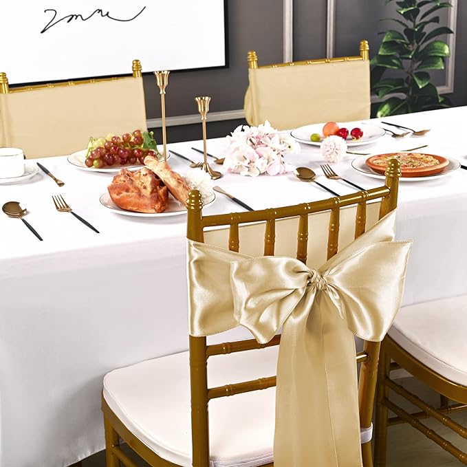 fani 60 PCS Champagne Satin Chair Sashes Bows Universal Chair Cover for Wedding Reception Restaurant Event Decoration Banquet,Party,Hotel Event Decorations (7 x 108 inch)