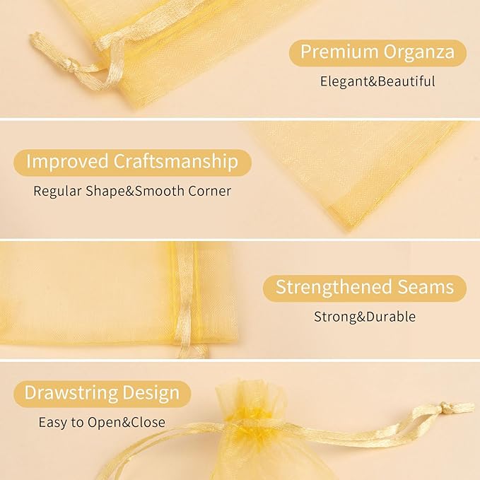 Organza Bags 3x4 Inch 50 Packs Small Mesh Gift Bags Drawstring Sachet Bags for Party Favor Wedding Baby Shower(Gold)