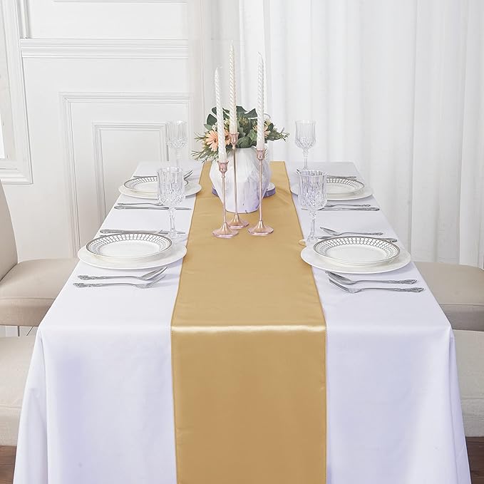 12Pack Table Runner 12 x 108 Inches Satin Silk Table Runner for Wedding, Birthday Party, Banquets, Graduations Decoration, fit Rectange and Round Table-Champagne