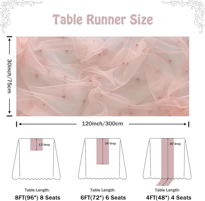 Fanami 3 Pack Pearl Table Runner -10FT Dusty Pink Boho Tulle Table Runners 120 Inches Long Rustic Sheer Lace Fabric Centerpieces for Wedding Arch Birthday Party Bridal Veil Baby Shower Decorations