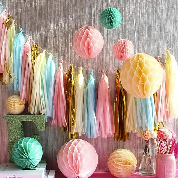Pink Blue and Silver Tissue Paper Tassel Banner for Gender Reveal Birthday,Baby Shower Party Decorations,15 Pcs