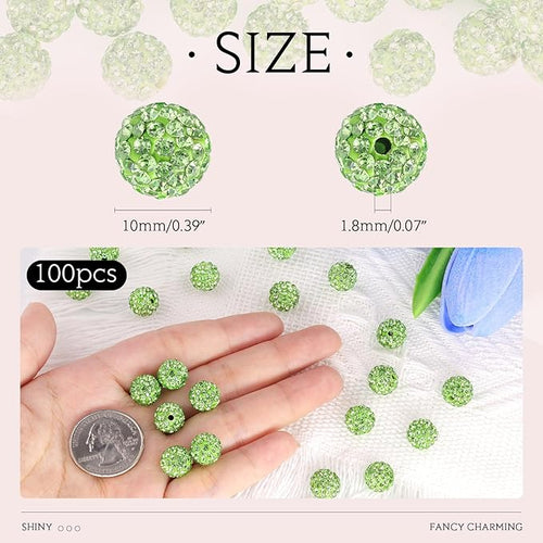 100 pcs 10mm Rhinestone Beads for Jewelry Making, Light Green Shiny Round Shamballa Disco Beads Bulk, Sparkle Crystal Clay Christmas for Bracelet Baseball Necklace Earring Crafting and DIY