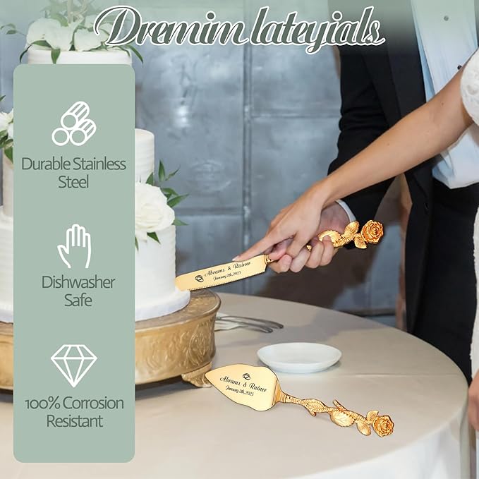 HJX Personalized Wedding Cake Knife and Server Set - Custom Name Engraved Cutting Set with Elegant Gift Box, Ideal for Bridal Wedding Anniversary Birthday Gifts (Rose handle)