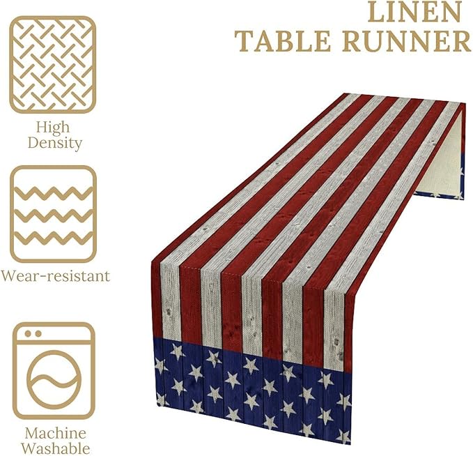 American Flag Table Runner, 4th of July USA Rustic Vintage Wooden Blue Red Stars Stripes Print Table Runner for Farmhouse Kitchen Dining Table Decor, 13x108inch
